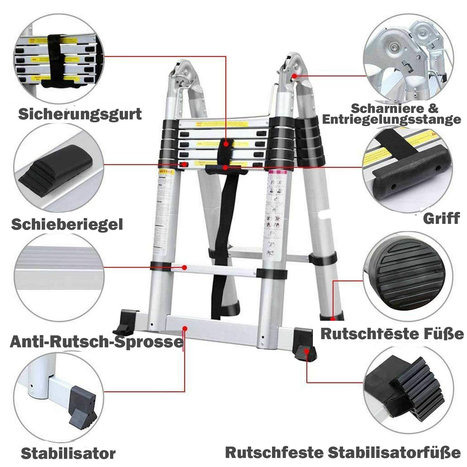 3,8m (1.9+1.9) Mehrzweckleiter Schiebeleitern Teleskopleiter Hochwertiges Aluminium Ausziehbare Klappleiter Anti-Rutsch für Hochklettern/Büro/Loft Haushaltsleiter 150kg Belastbarkeit