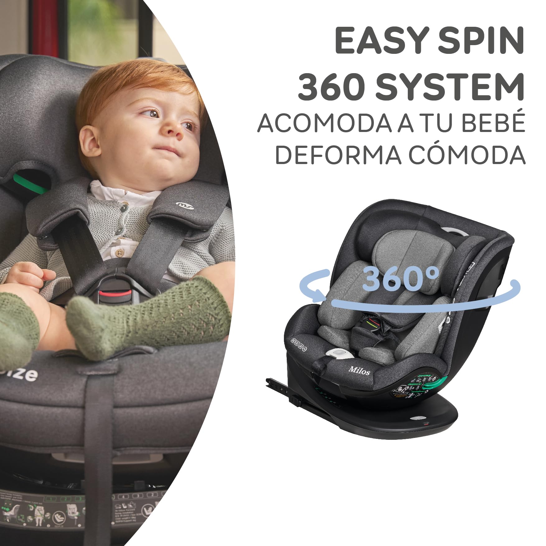 Ms Milos I-Size - Seggiolino da auto girevole a 360°, con ISOFIX e TOP Tether, 40-150 cm (0-36 kg), circa 0-12 anni - Reclinabile e Imbottita - ECE R129