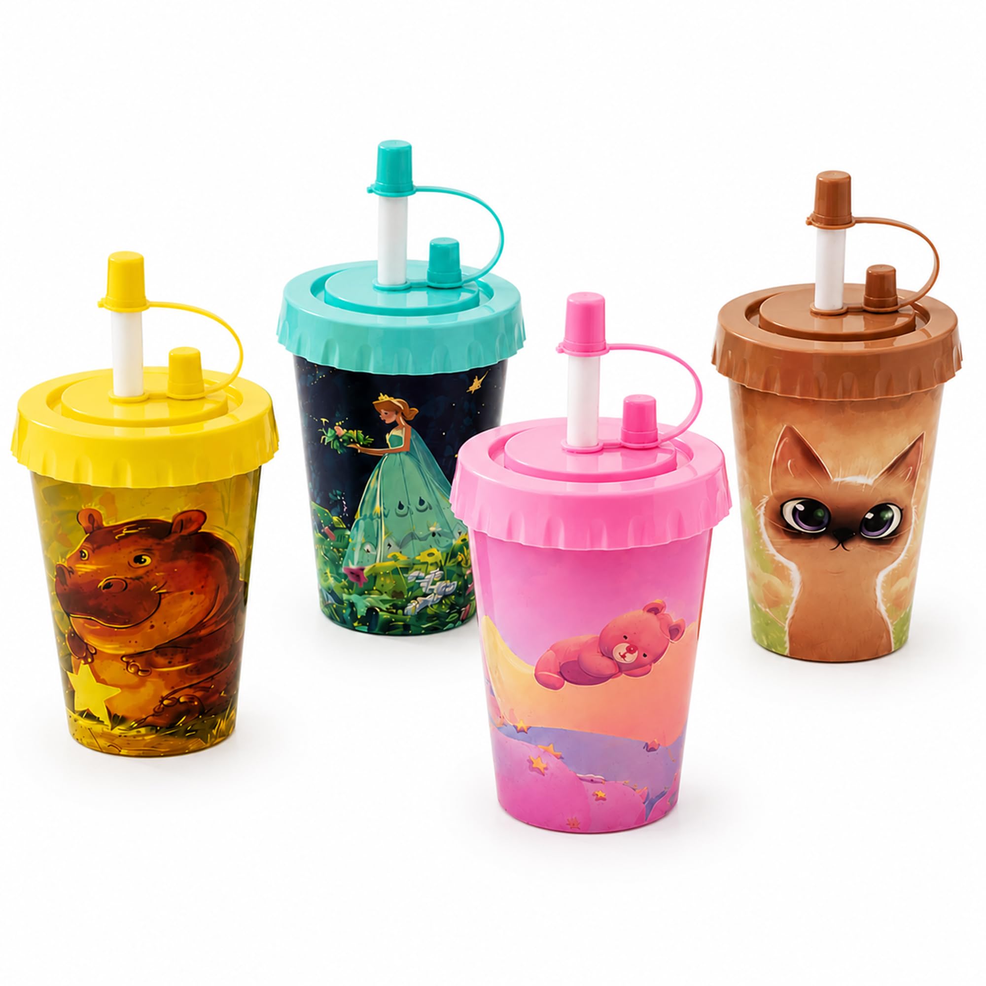 Kids Sipper Cups, 150ml Leak-Resistant Sippy Bottles with Straw & Lid, Cute Cartoon Print Water Bottle for Boys & Girls, BPA Free Plastic Sipper Cup for Toddlers, School, Travel & Home Use (Pack Of 4)-image-14