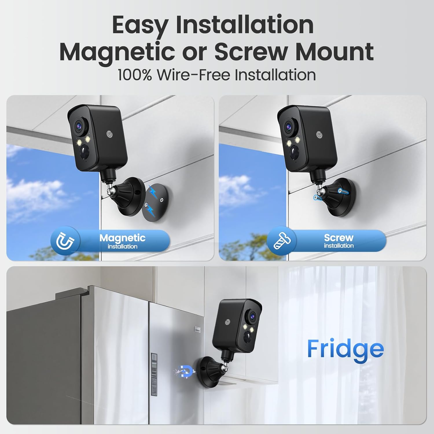 Magnetic and screw mounting options for the camera