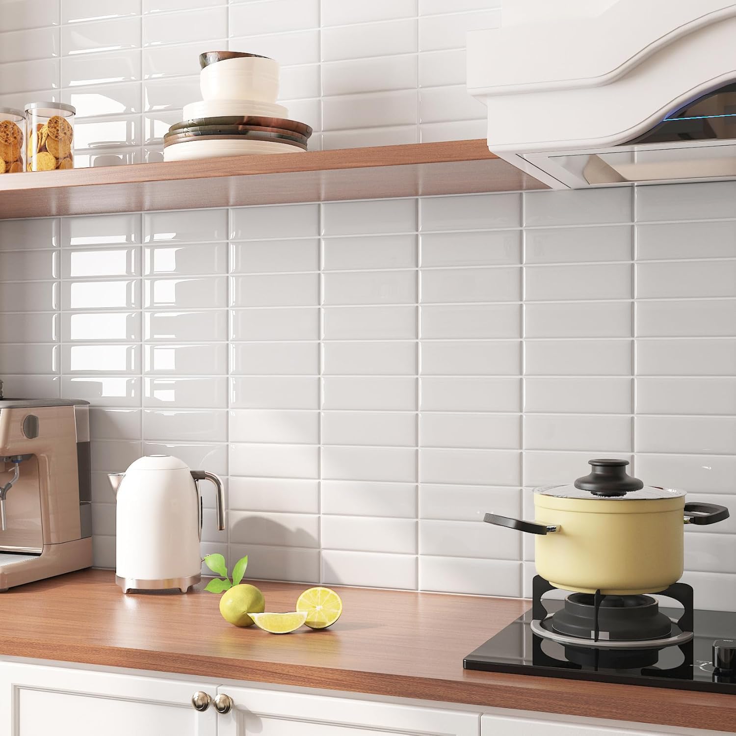 ACBAGI 10 Piastrelle Autoadesive Da Parete 30,5x30,5 Cm, Bianco Lucido, Effetto Piastrella, Per Cucina E Bagno. Facili Da Tagliare, Resistenti All'acqua E Al Calore.