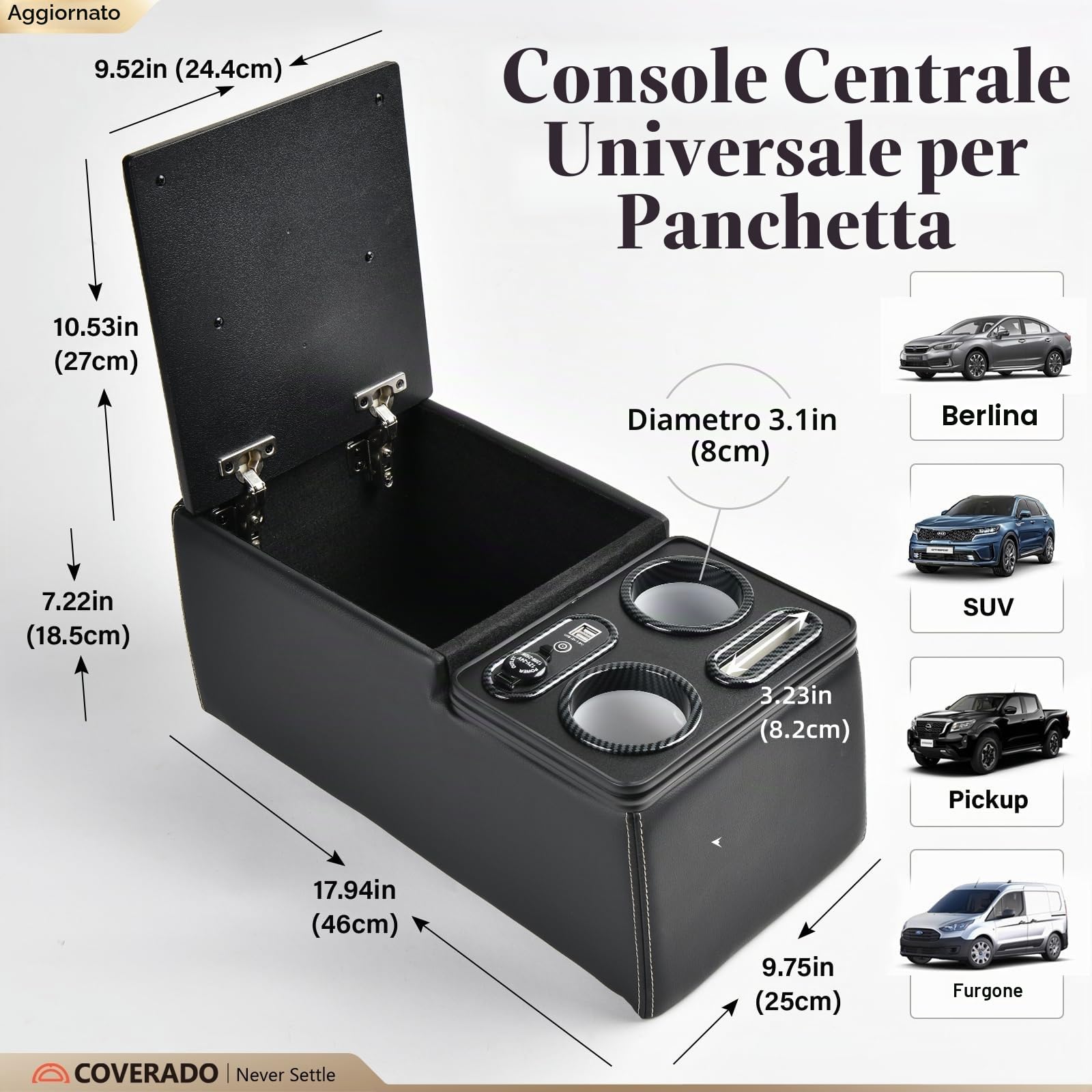 Coverado Console del centro auto in Pelle, Universale Braccioli Centrale Auto, Console sedile posteriore con supporto della tazza + supporto telefono per auto (Aggiornamento, Nero)