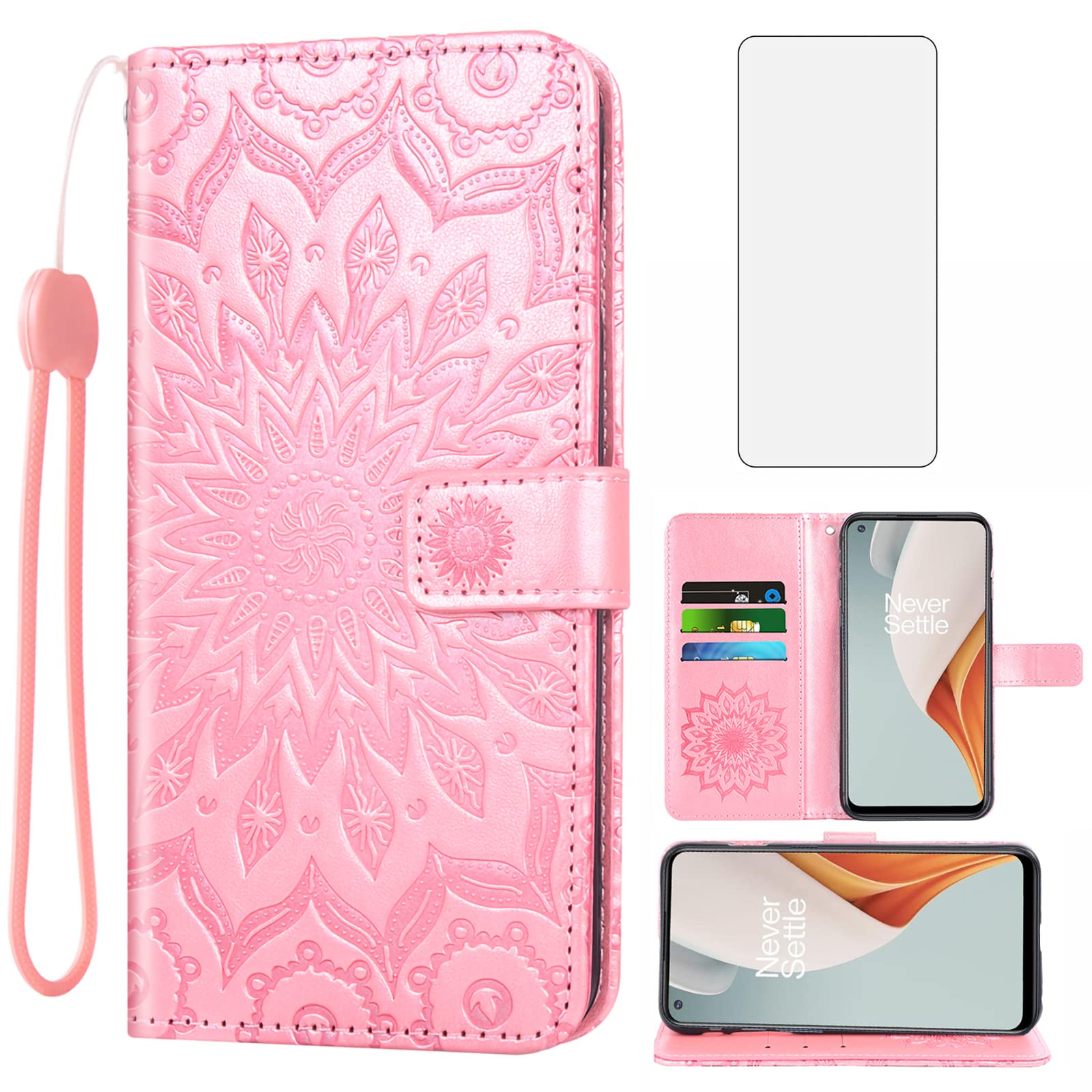 Asuwish Phone Case For OnePlus Nord 2 5G Wallet Cover With Tempered Glass Screen Protector And Wrist Strap Mandala Flower Flip Zipper Card Holder Cell One Plus On 1 Plus 1plus One 1 Nord2 Rose Gold - View #12