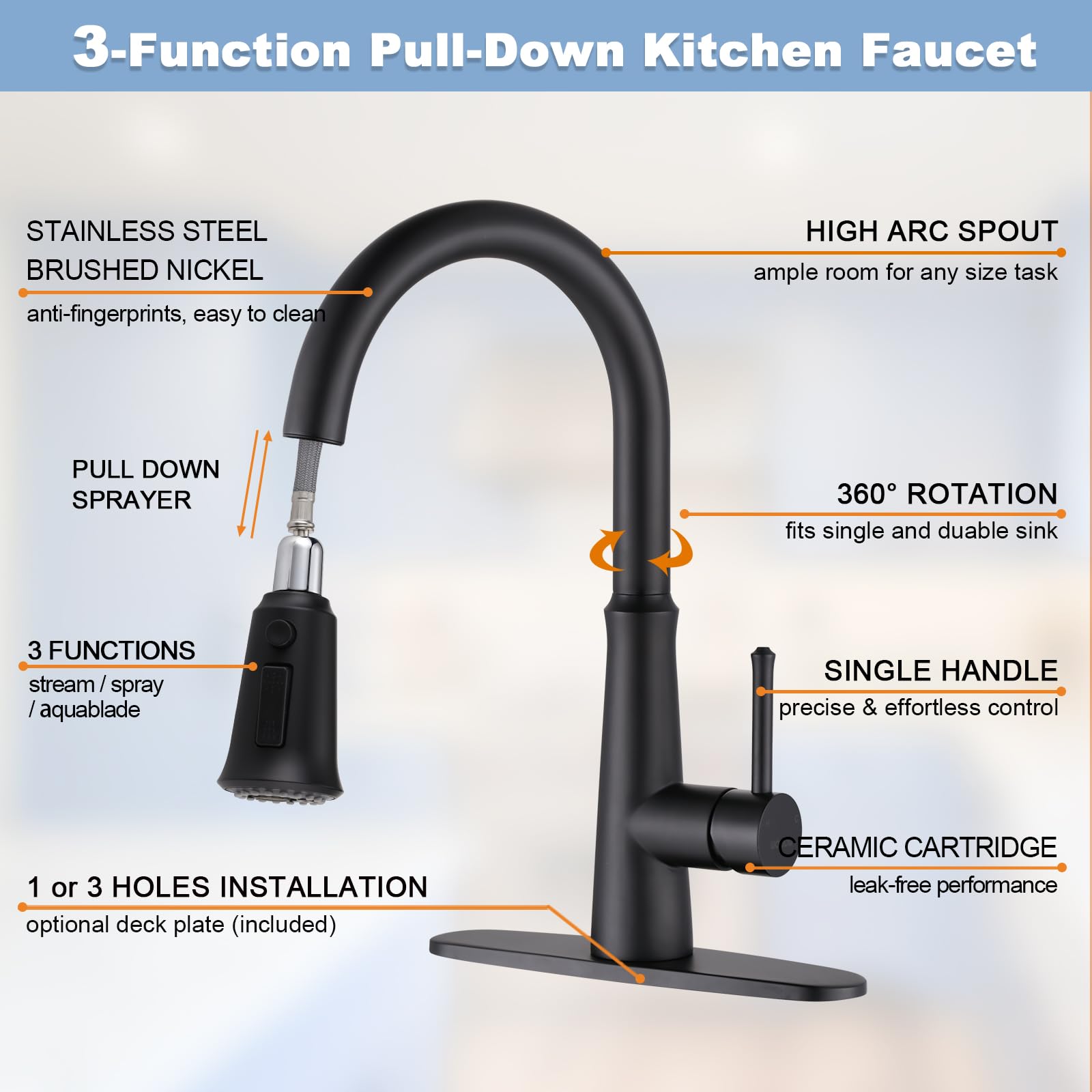 WOWOW Grifo de cocina con rociador, grifo de cocina de acero inoxidable de arco alto negro con pulverizador extraíble para fregadero de 2 o 4 agujeros, grifo de fregadero de cocina extraíble con placa