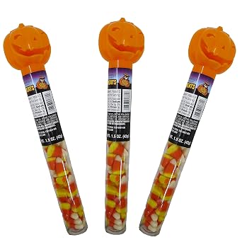Halloween Candy Corn Tubes with Pumpkin Head Toppers, Cute Party Favors Goody Bag Fillers, Classroom Treat Exchange, Classic Fall Flavored Candies, Pack of 3