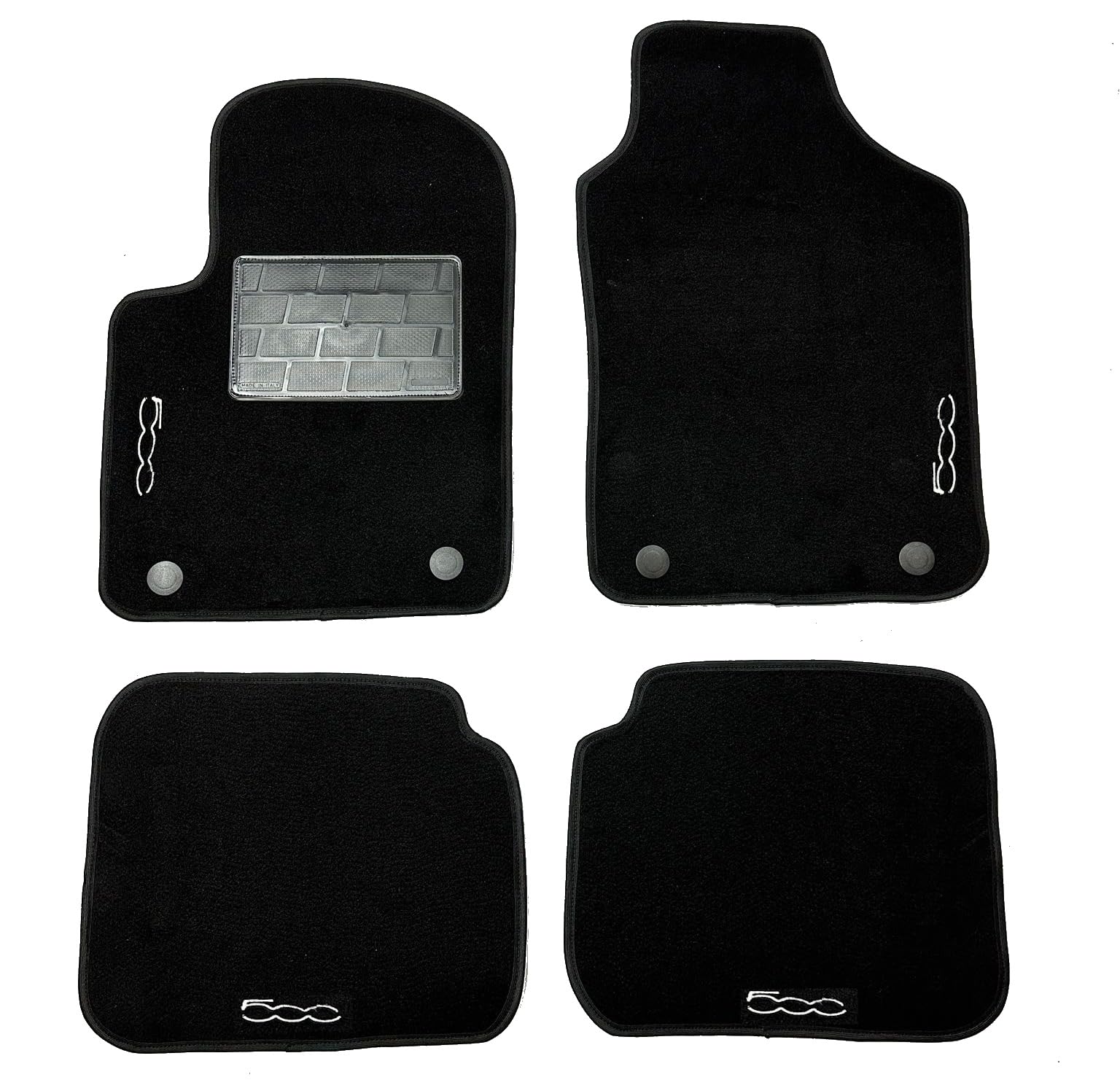 Set Tappetini Auto in Moquette per Fiat 500 dal 2013 in poi, 4 Pezzi, con Battitacco, Clip di Fissaggioe bordino antiscivolo, Nero (qualità moquette permium 8 mm, 4 ricami)
