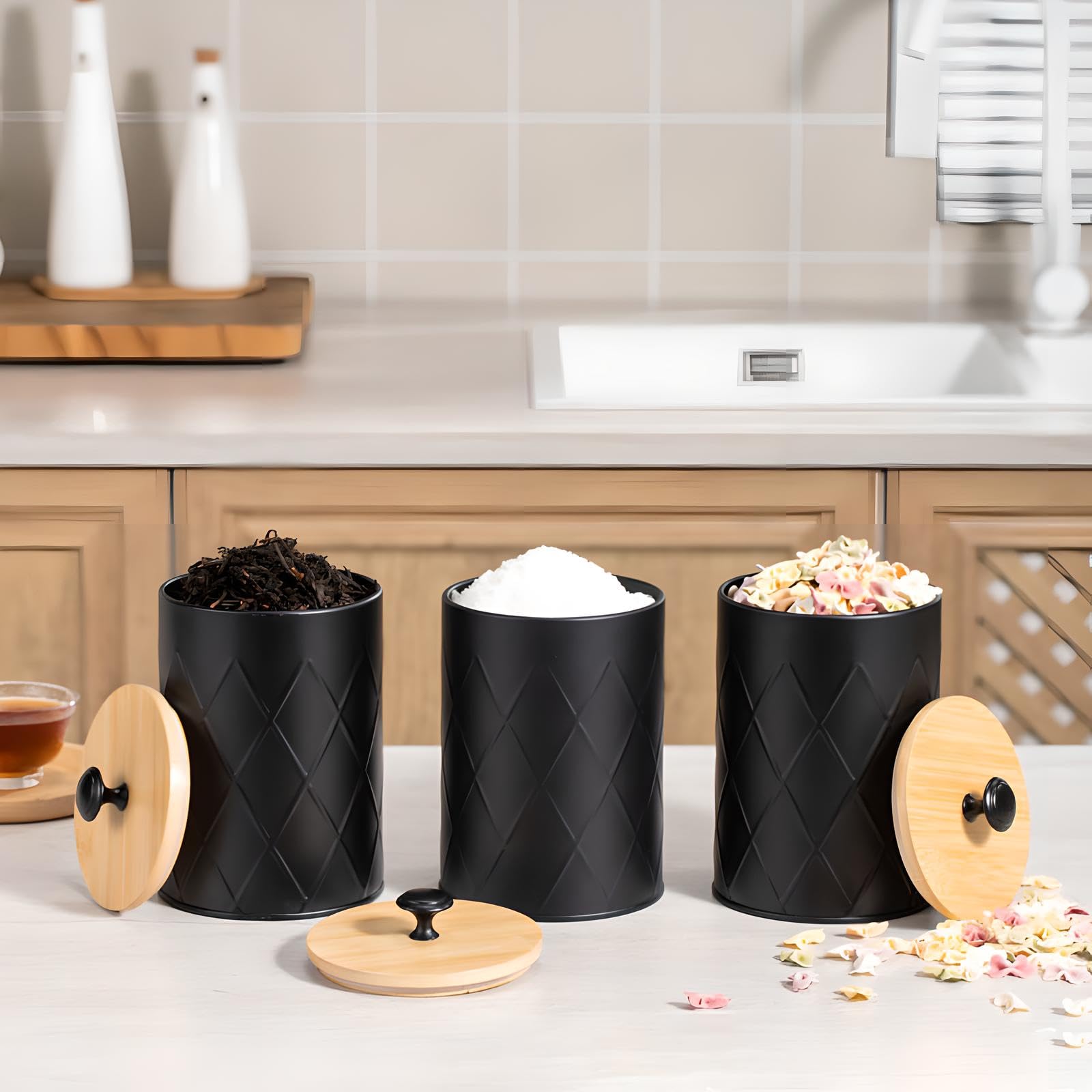 Kiss Me Set di 3 barattoli neri per tè, caffè e zucchero, con coperchio ermetico in bambù