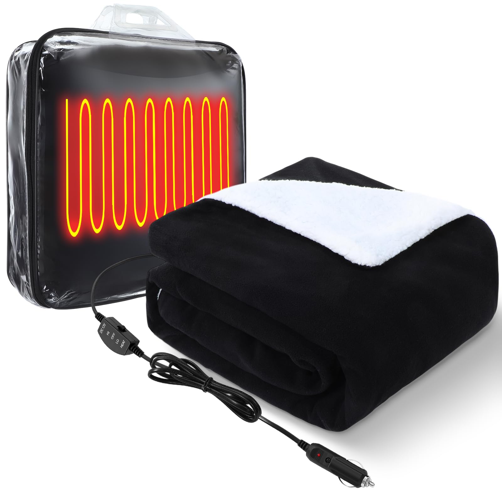 Riakrum 12v Heated Car Blanket 58" x 43", Black, Solid