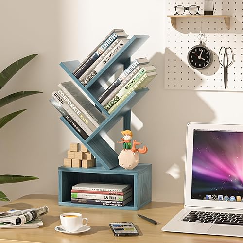 Miniatura 7 de Estantería para libros de árbol pequeño, estantería de árbol negro de 5 niveles, estantería de escritorio azul, estantería de almacenamiento de