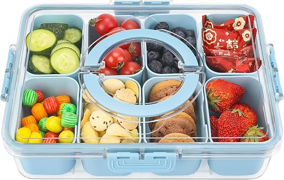 Snackle Box Snack Container Tray with Lid, Divided Serving Tray with Handle