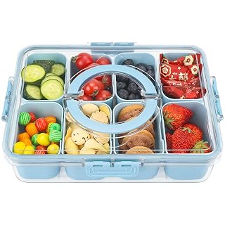 shopwithgreen Divided Serving Tray with Lid and Handle, Portable Snackle Box Charcuterie Container for Party, Veggies, Fruits, Nuts, Candy, Food Tray Platter Snack Box for Entertaining, Picnic, Blue - Amazon product rated Grade A
