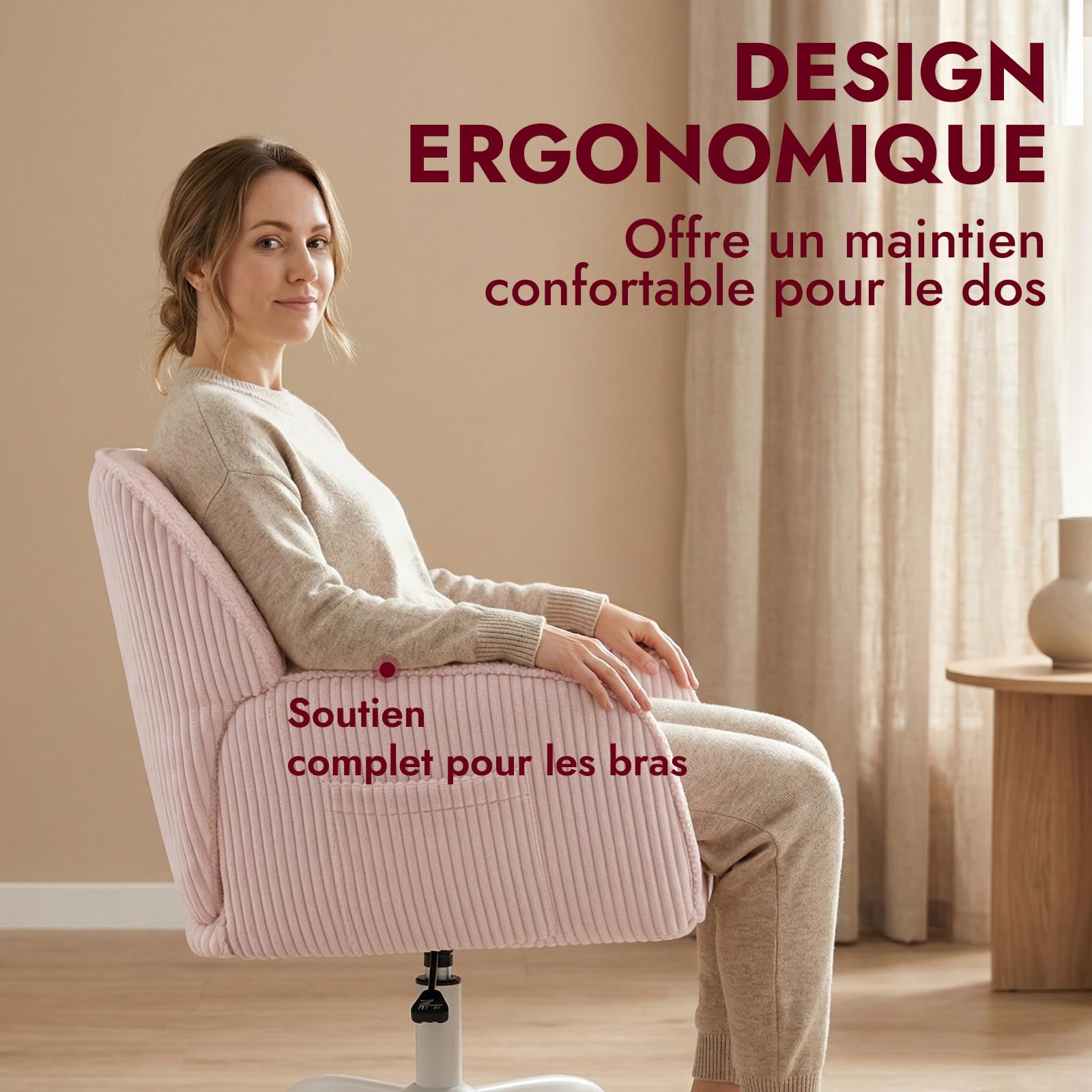 Chaise de Bureau Ergonomique Accoudoirs, Étude, Chambre, Rose