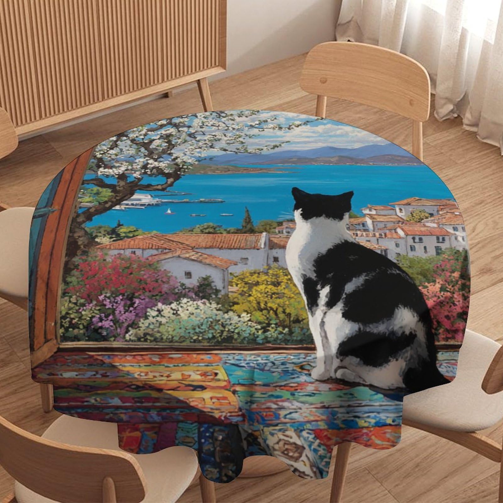 LUYYSKY Classic Colorful Cute Kitten Round Tablecloth Retro Oil Painting Nautical Seaside White Floral Animal Cat Washable Decor for Table Cover for Kitchen-177.8" Wx177.8 L cm