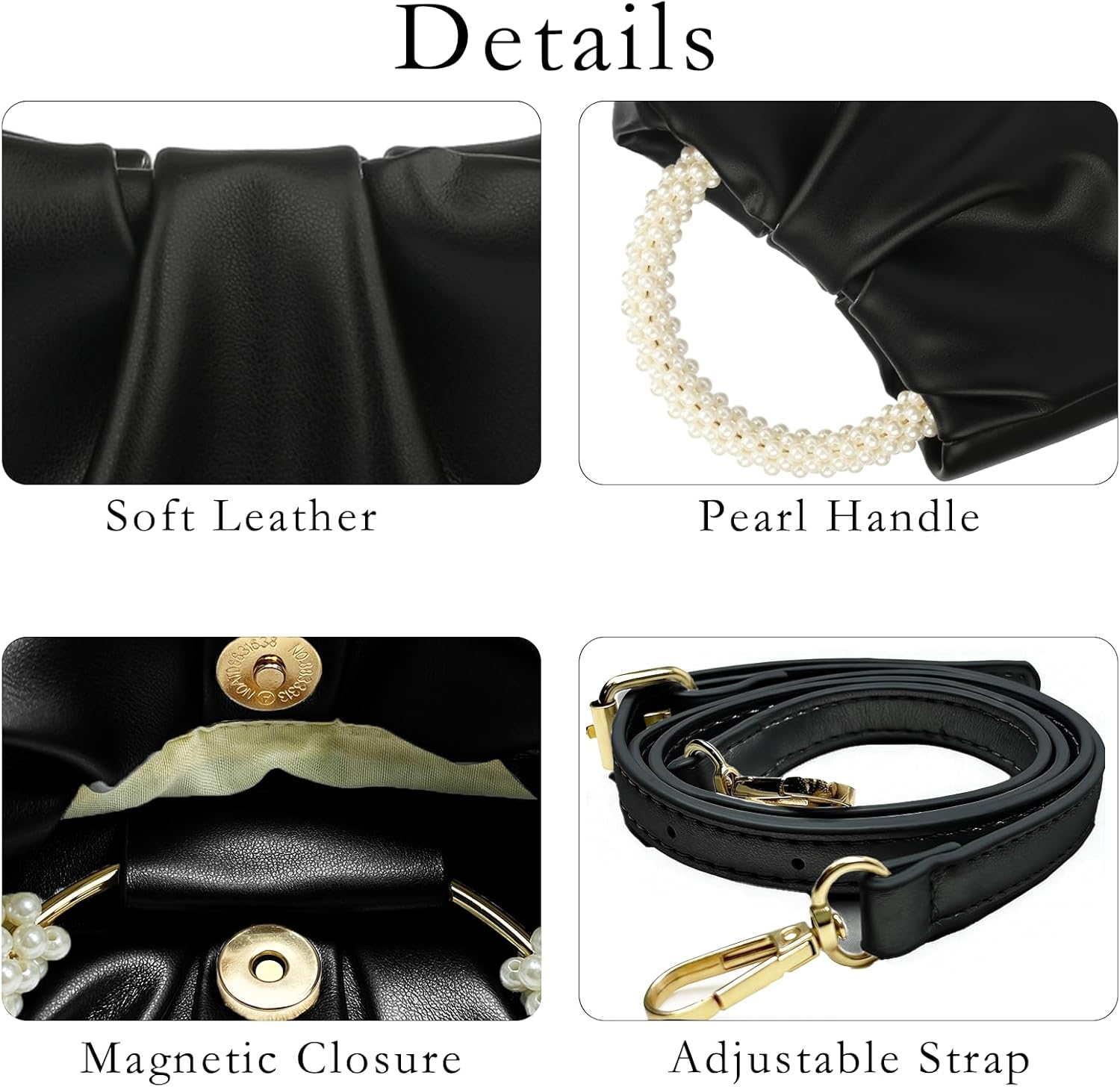 Women's Evening Pearl Clutch Purse Soft Leather Ruched Bag for Wedding Bridal Party Prom Formal Events
