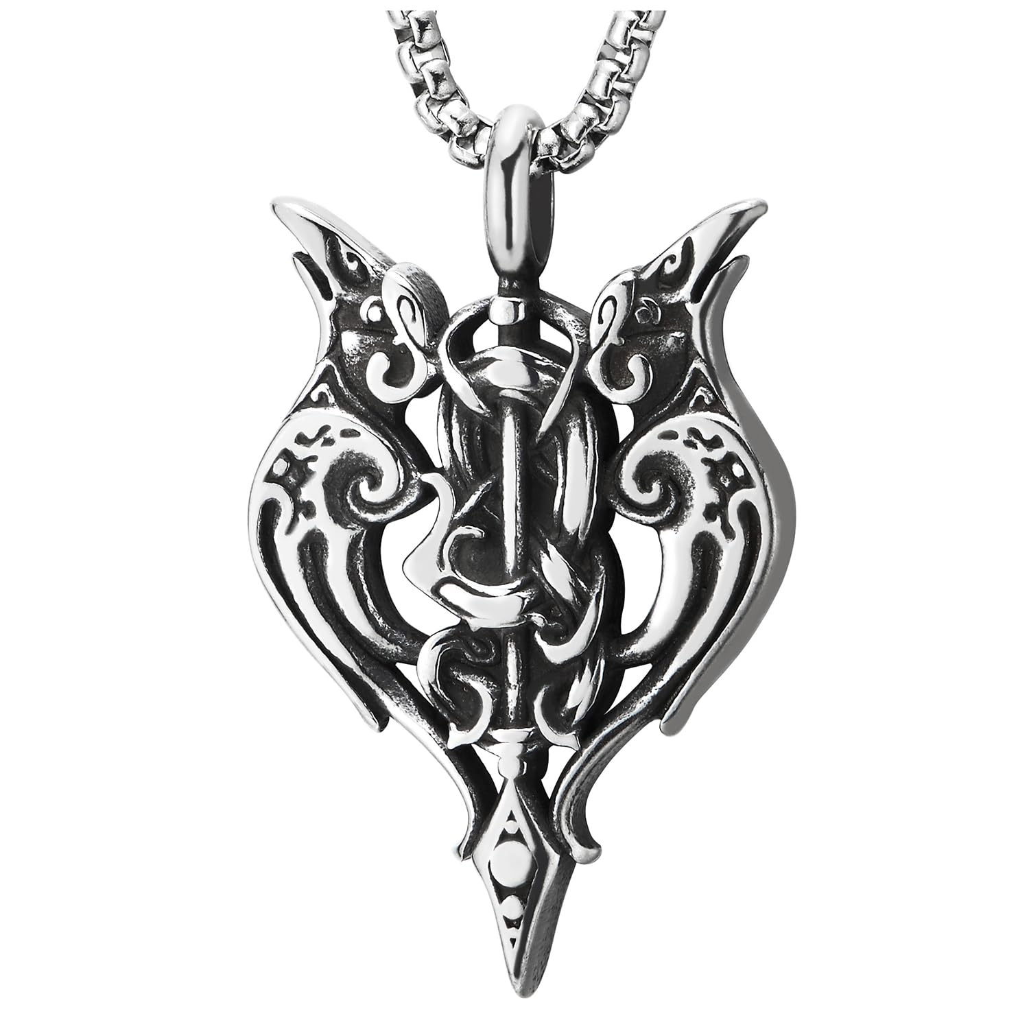 COOLSTEELANDBEYOND Gungnir Odin Lancia Vichingo Amuleto Ciondolo Collana, Acciaio Inossidabile per Uomo, Catena del Grano 75CM
