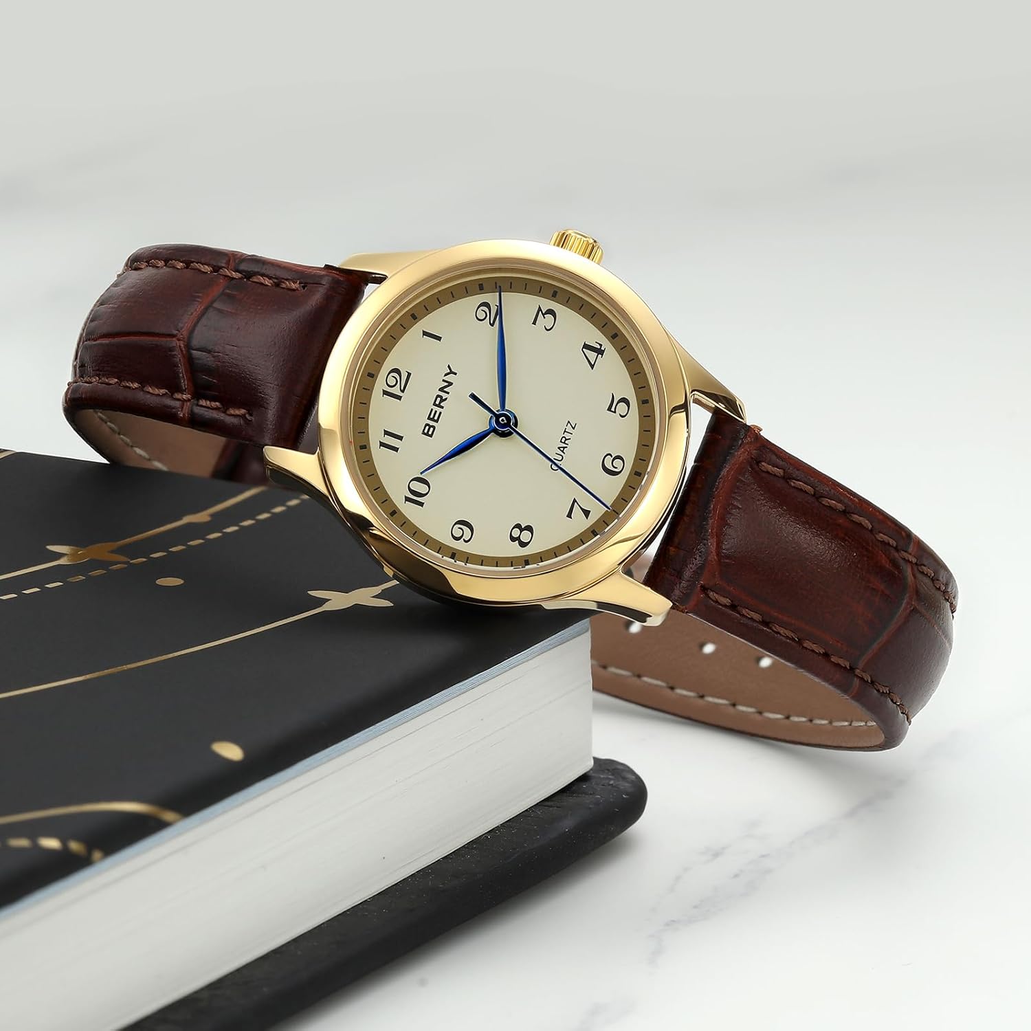 BERNY Dainty Gold Watches for Women Small Women's Leather Wrist Watch Vintage Easy Reader Watch - Image 9