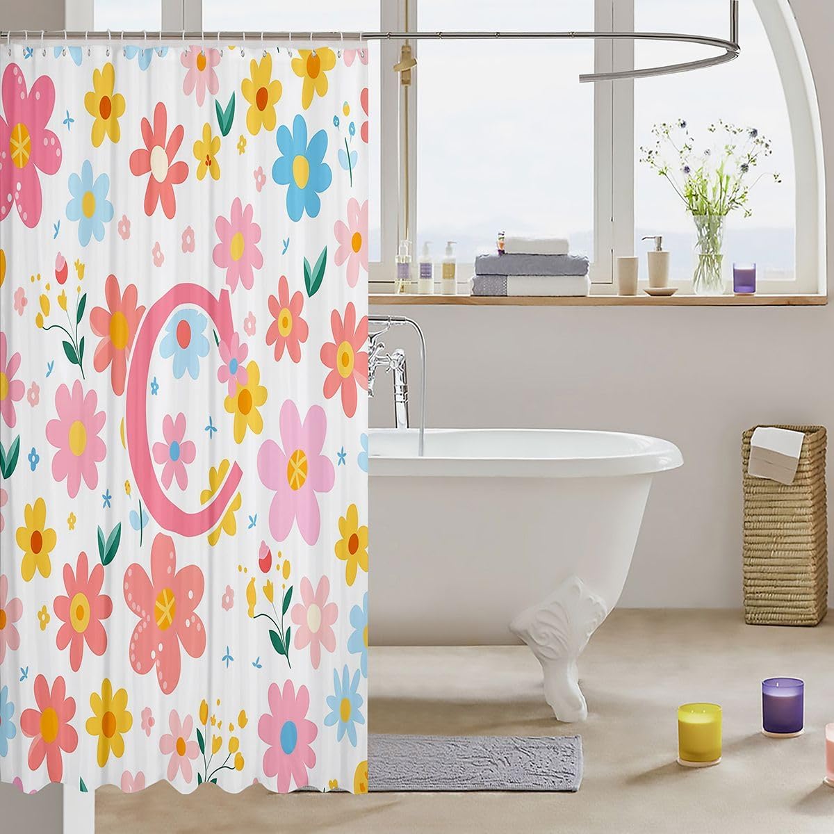 Feelyou Cute Flower Shower Curtain Cartoon Pink Floral Bath Curtain Personalized Letter C Bathroom Waterproof Accessories with 12 Hooks Kawaii Flowering Plants Waterproof Polyester,72x72 Inches image 3