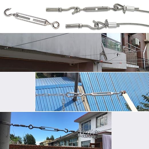 4 piezas tensor de cable con gancho y ojal, acero inoxidable 304, ajustable en tensión, para toldos, cercas, tiendas de campaña e instalación de cuerdas miniatura 5