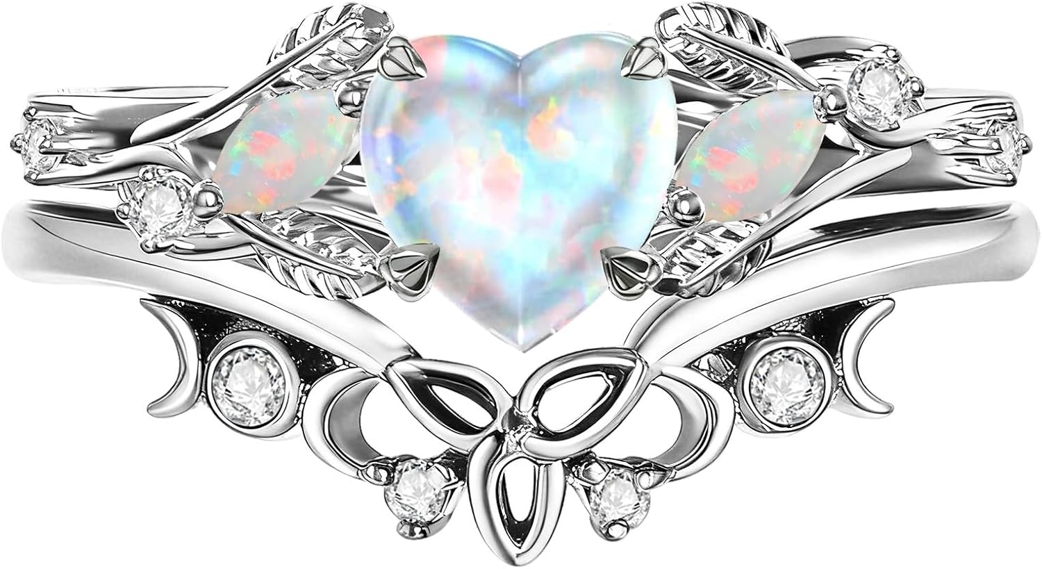 Opal Engagement Rings for Women 1.5CT Oval Unique Opal Wedding Ring Set Bridal Set 925 Sterling Silver Leaf Art Deco 2pcs Vintage Inspired Anniversary Promise Ring