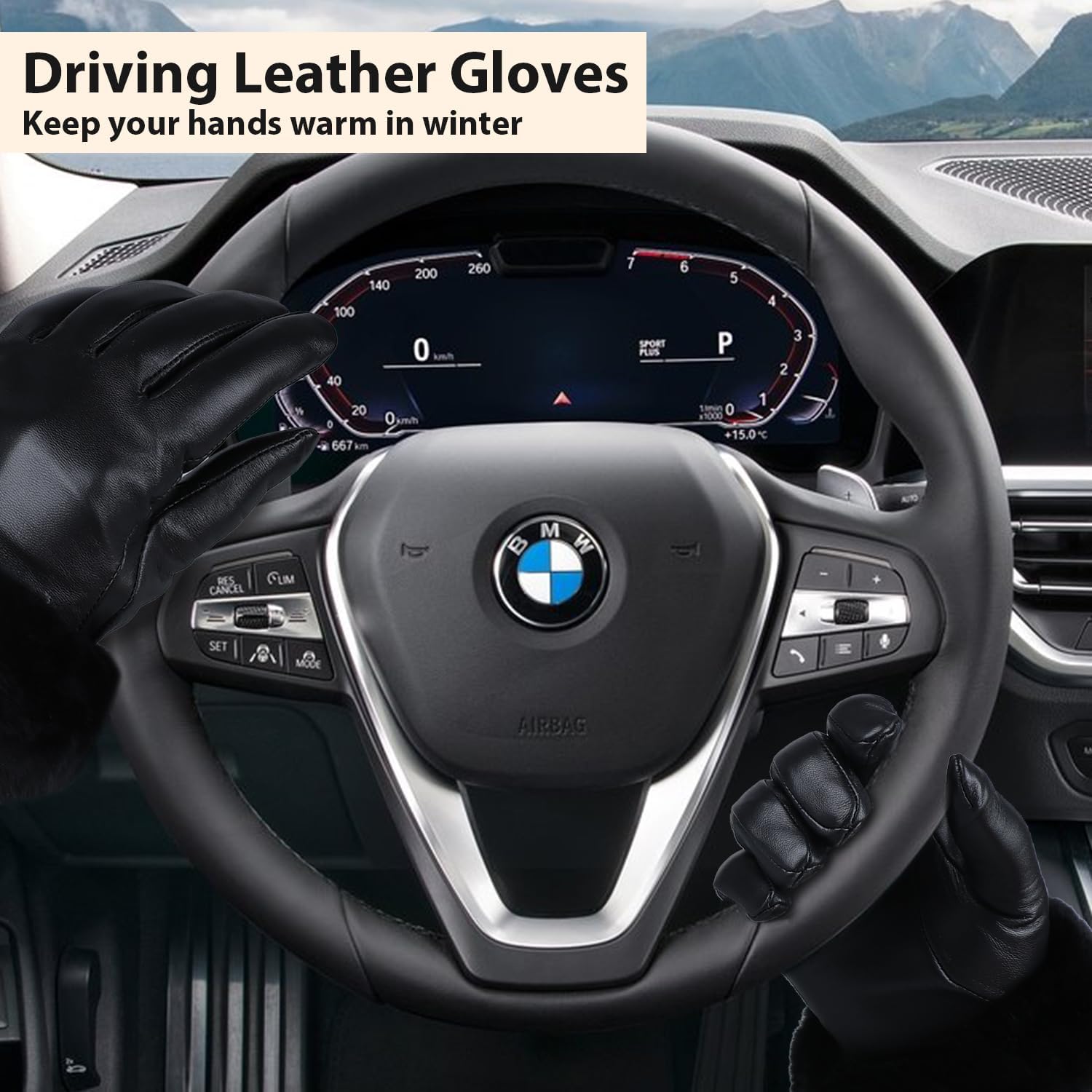 Yicorgard Women Fur Leather Gloves Winter Warm Gloves Black Rabbit Fur Cuff Touchscreen Driving Gloves - Image 2