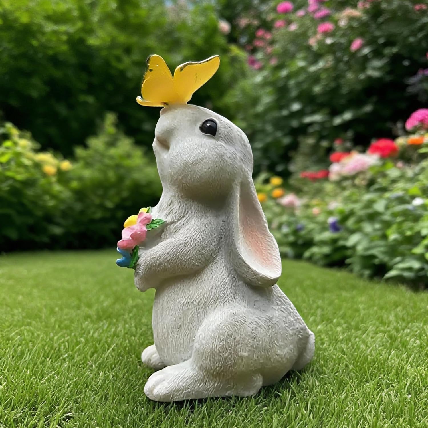 Solar Garden Statue LED Outdoor Garden Decor Funny Animal Sculpture for Yard Patio Lawn Weatherproof Resin Birthday Art Gift（Rabbit and Butterfly）