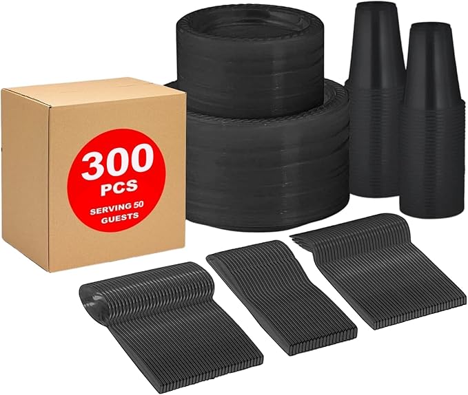 Framo 300 Piece Disposable Black Tableware Set for 50 Guests - Microwavable Plastic Dinnerware Set of 50 9” Plates, 50 6” Dessert Plates, 50 9oz Cups, 50 Spoons, 50 Forks, 50 Knives