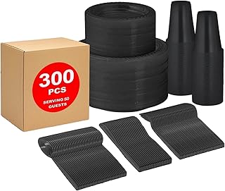 300 Piece Disposable Black Tableware Set for 50 Guests - Microwavable Plastic Dinnerware Set of 50 9” Plates, 50 6” Dessert Plates, 50 9oz Cups, 50 Spoons, 50 Forks, 50 Knives