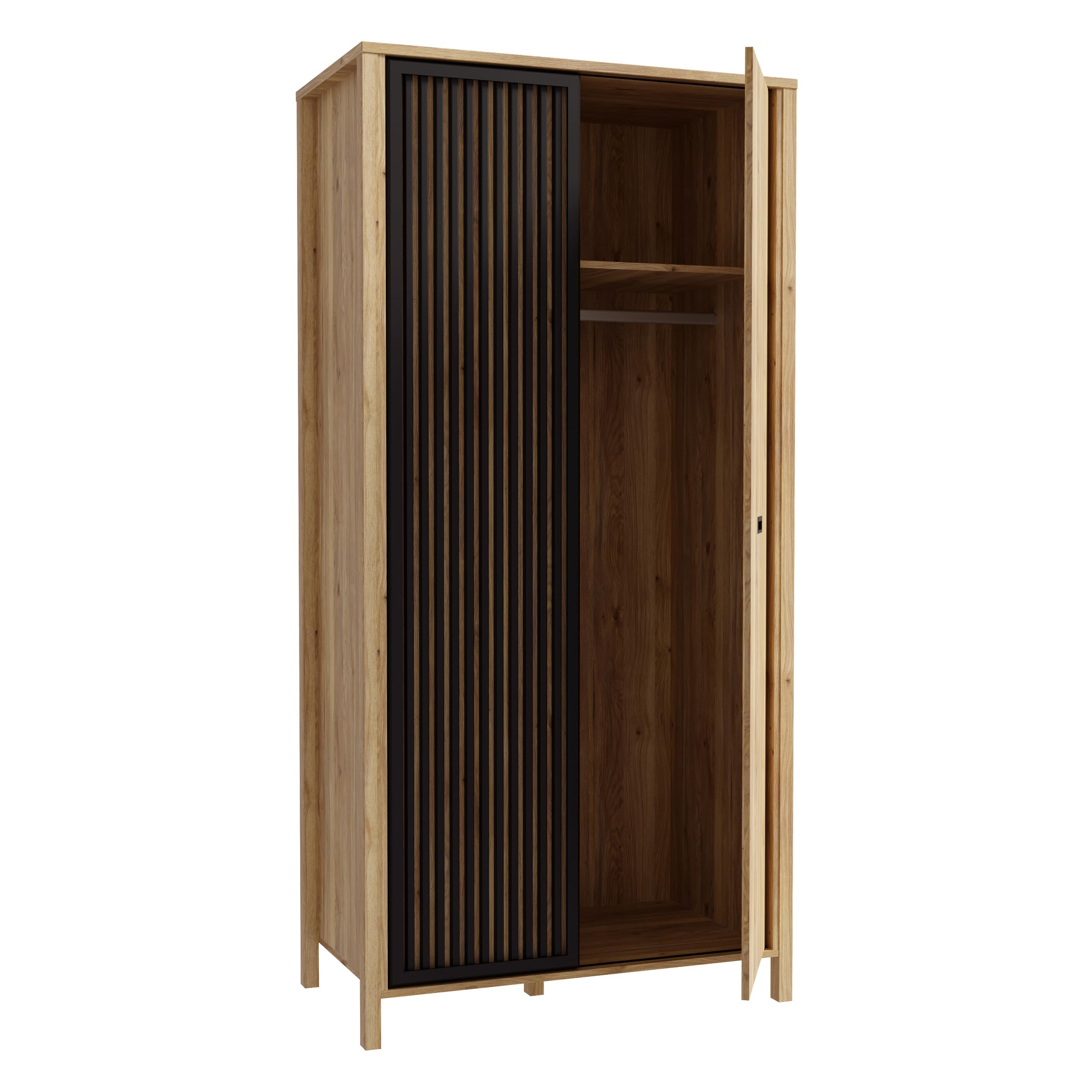 Forte JYTANA Kleiderschrank 97, moderner Schrank mit Lamellendetail, 2-türig, Holzwerkstoff, Mauvella Eiche Dekor, 97 cm breit, 200,3 cm hoch, 52,7 cm tief