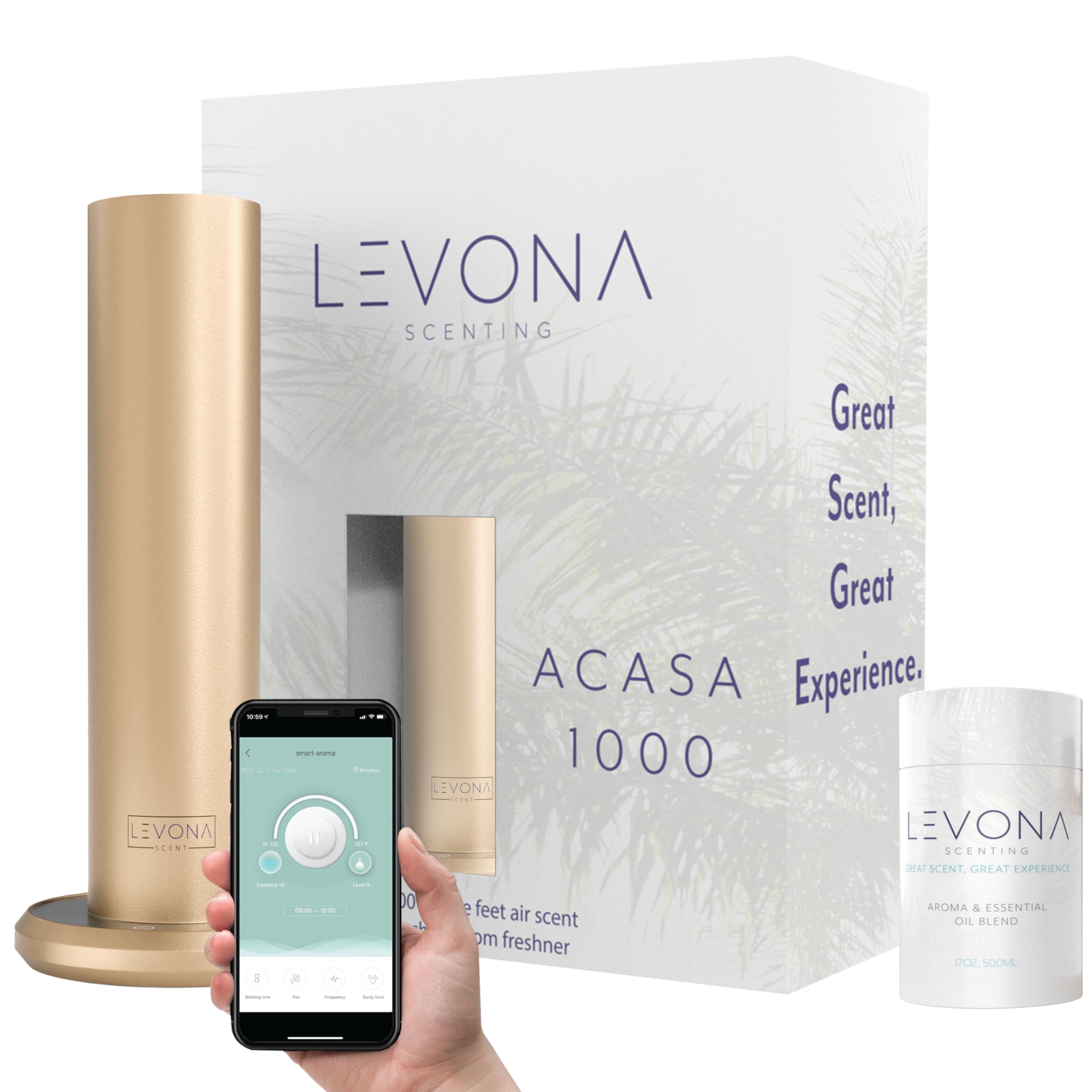 Levona Scent Essential Oil Diffuser - Plug in Air Freshener for Home, Essential Household Supplies & Hotel Use, Waterless Diffuser & Nebulizer, 1000 sqft - Acasa 1000, Gold (120ml Oil Included)