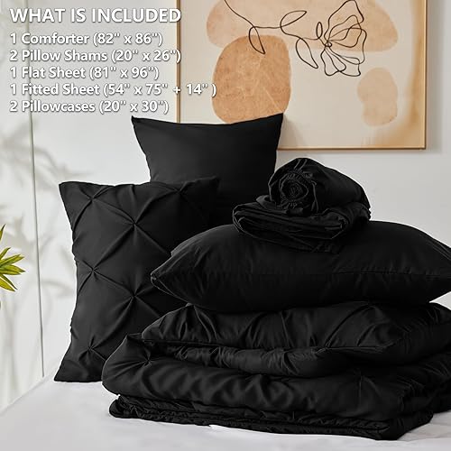 Miniatura 7 de CozyLux Juego de edredón de 7 piezas tamaño matrimonial, color negro, ropa de cama plisada en una bolsa, juego de ropa de cama plisada con edredón