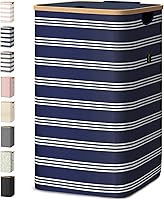 Vista 10 de BALEINE Cesta de lavandería con tapa, cestas altas para la ropa sucia con asas de bambú, contenedor grande para la ropa sucia con soporte interno