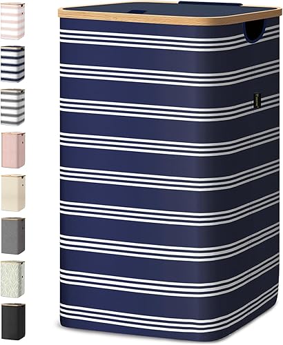 Vista 10 de BALEINE Cesta de lavandería con tapa, cestas altas para la ropa sucia con asas de bambú, contenedor grande para la ropa sucia con soporte interno
