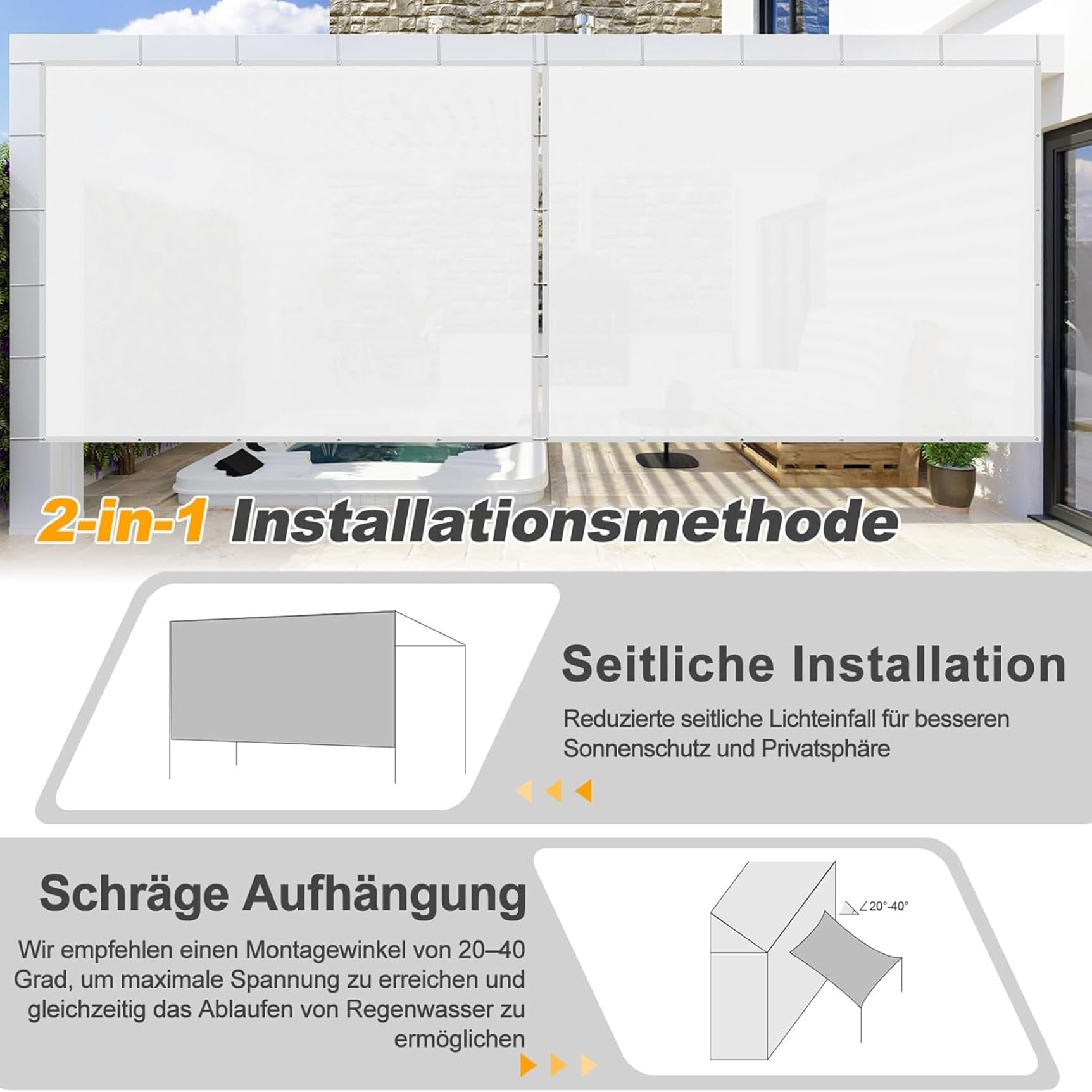 Żagiel Przeciwsłoneczny Ogrodowy 210 x 380 cm 98% Odporności Na Promieniowanie Uv, Wiatroszczelność, Wodoodporność, Zadaszenie Płócienne Kątowe, Na Zewnątrz, Do Ogrodu, Biały