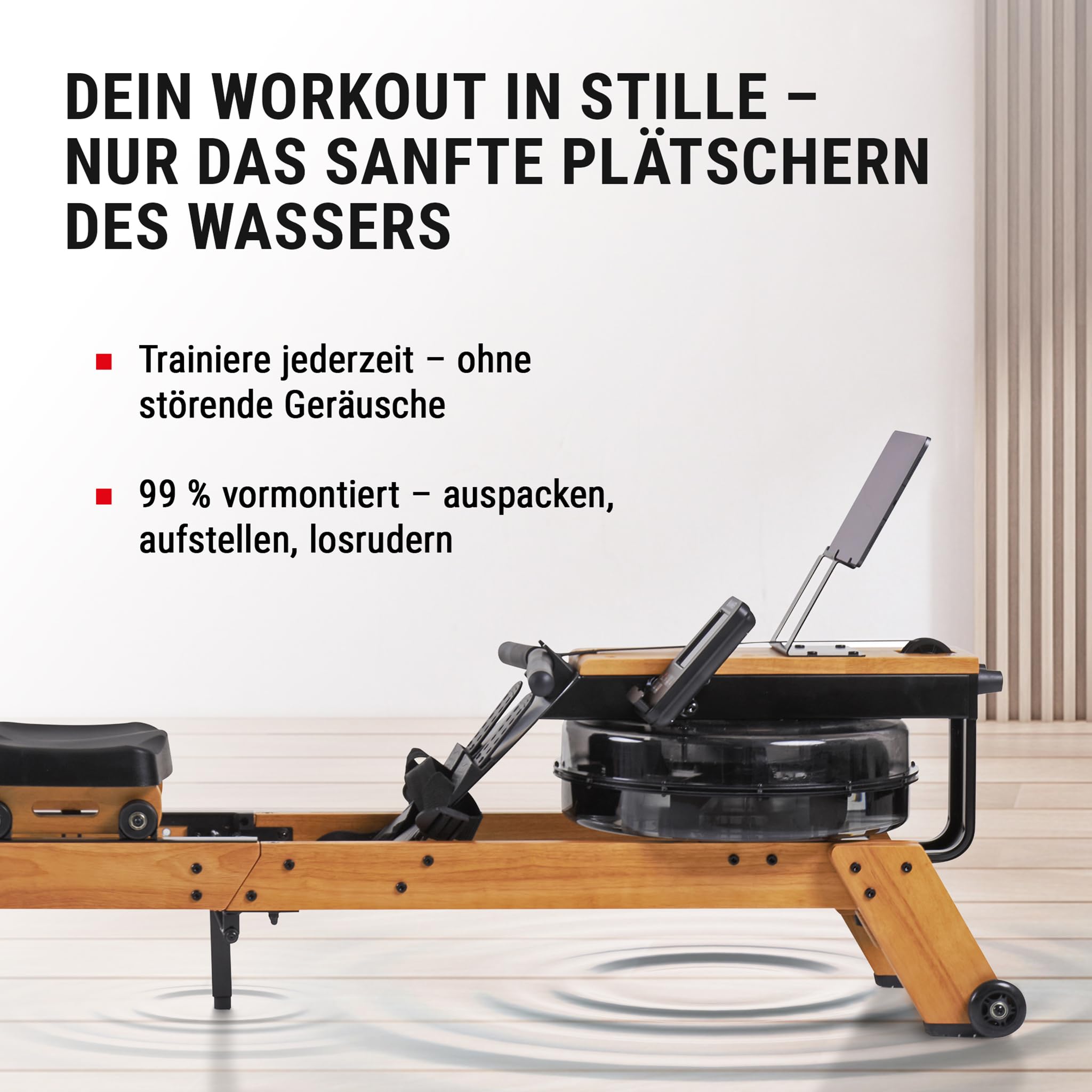 HAMMER Vogatore ad Acqua AquaFold - Vogatore pieghevole per casa in vero legno con ruote, macchina per il canottaggio con Bluetooth, computer di allenamento