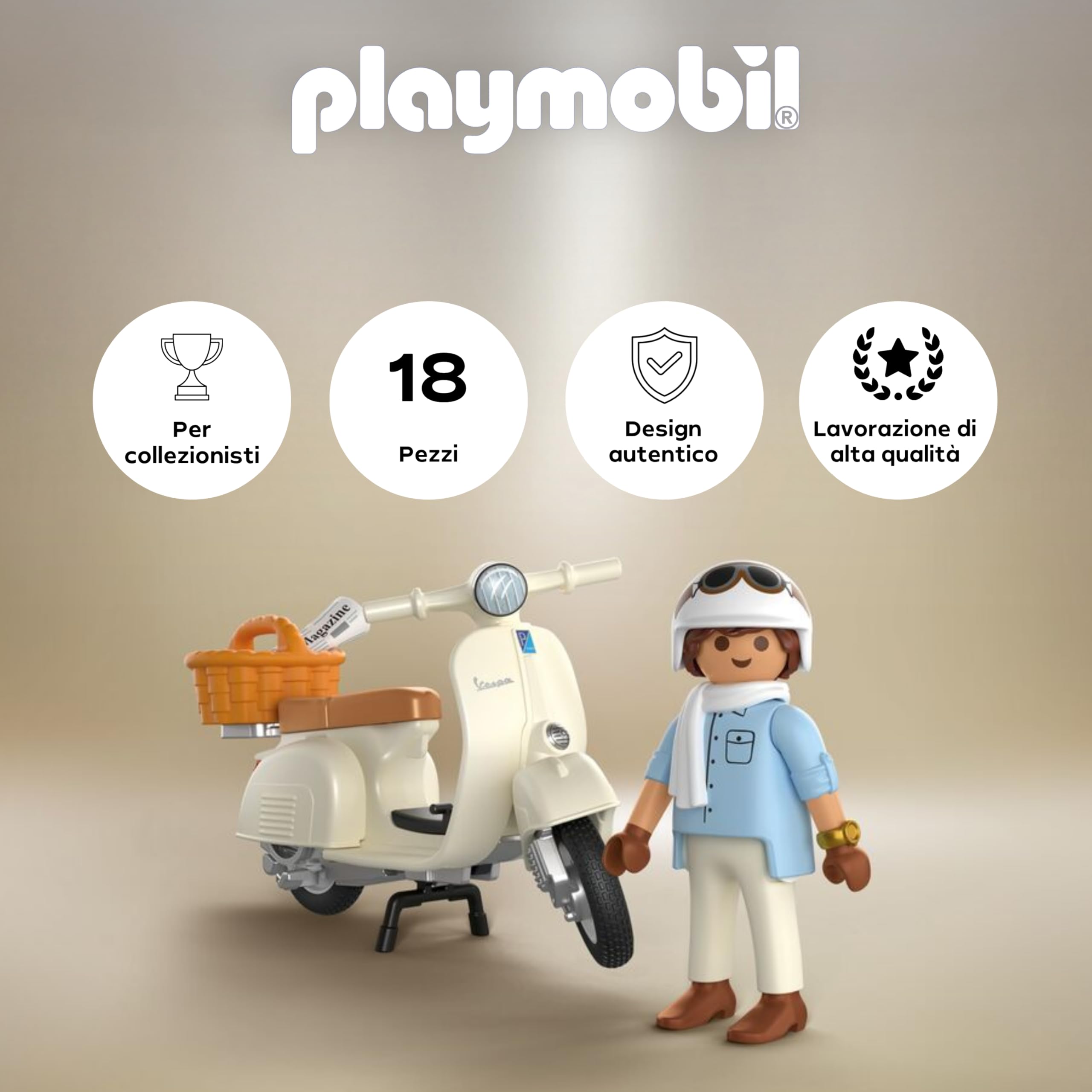 PLAYMOBIL | Veicoli | 80 anni di Vespa: stile classico | Vespa anniversario color crema con personaggio, cestino e foglio di adesivi | Giocattolo per bambini dai 5 anni in su | 72283