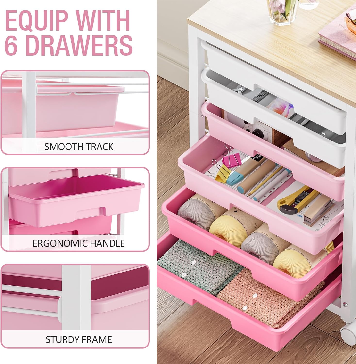 Rolling Cart with Drawers,Utility Cart with 6 Drawers,Rolling Storage Cart with Drawers and Wooden Tabletop & Lockable Wheel,Pink
