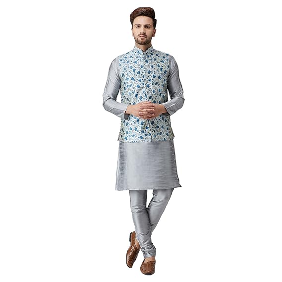 (Since 1958, Men's Silk Blend Grey Kurta Pyjama & Silk Blend Jacket Combo