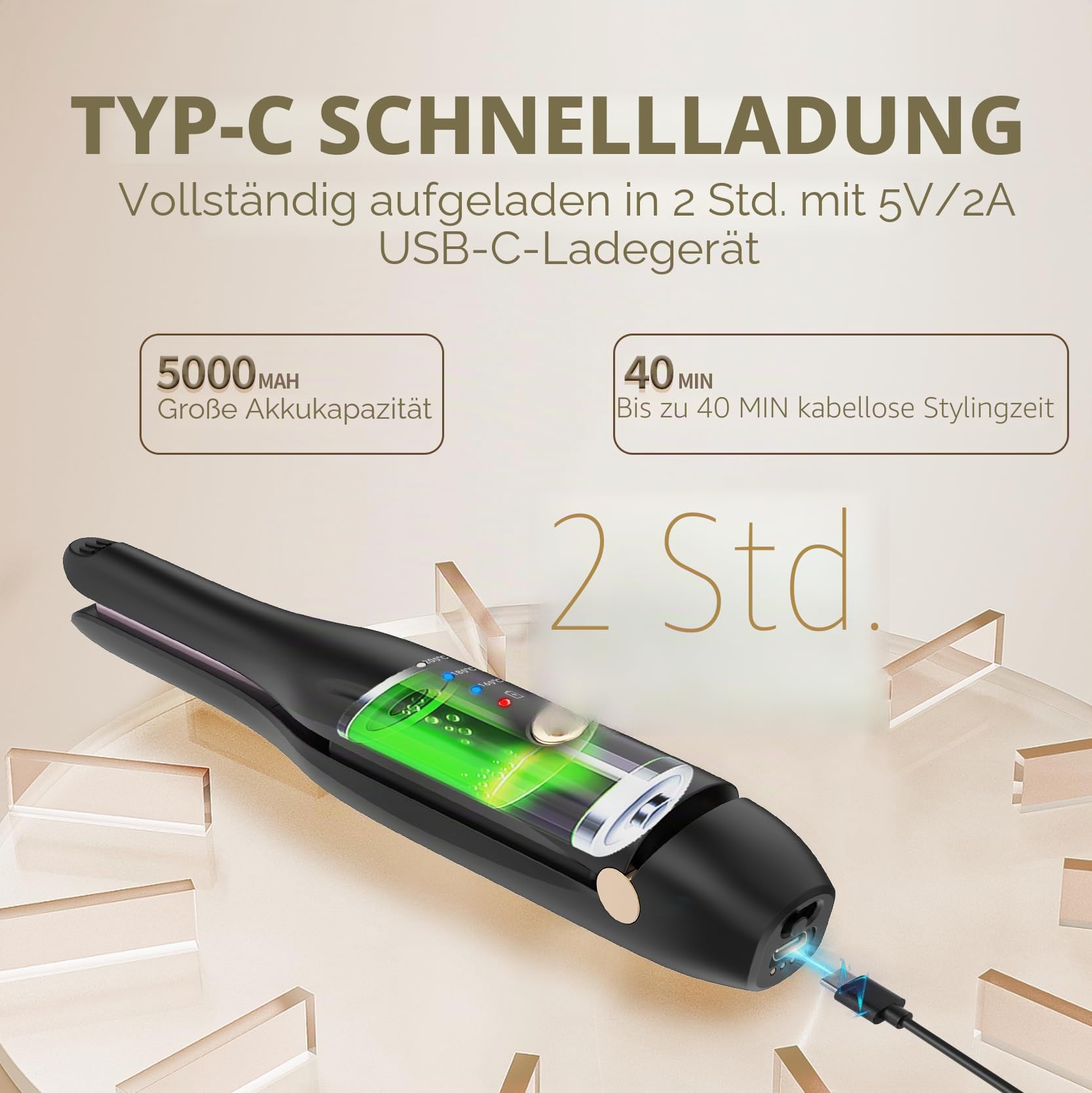 Schnurloser Haarglätter, Keramik Glätteisen Styling Clip, tragbarer Haarglätter und Lockenstab 2-in-1 mit Typ-C-Ladegerät und Ladestation für Friseursalon, Zuhause, Reisen, Friseurladen (Schwarz)