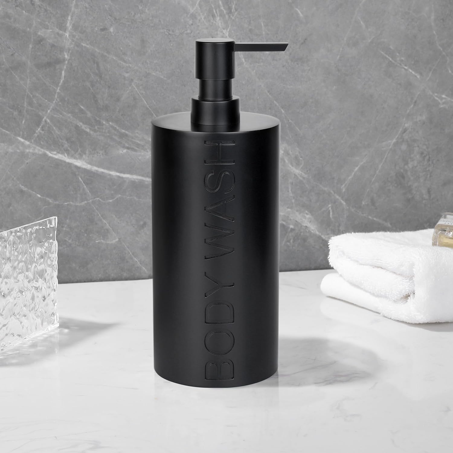Matte Black Body Wash Dispenser Luxurious Refillable Pump Bottle with Embossed Text, Durable Construction for Bathroom and Shower - Image 8
