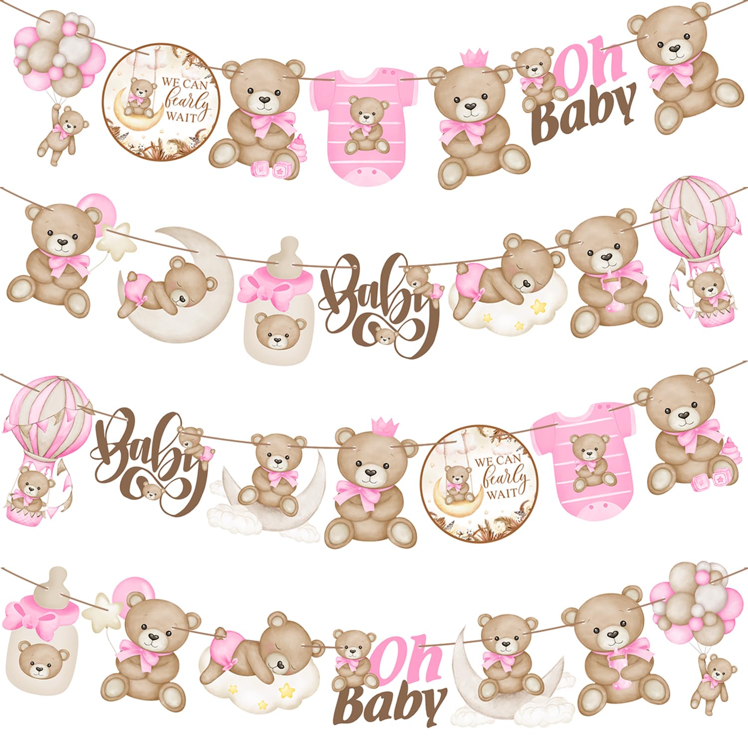 Pancartas rosas con texto en inglés "We Can Bearly Wait" para baby shower, decoración de fiesta de oso para baby shower, pancarta de oso de peluche para niñas, suministros de fiesta de cumpleaños