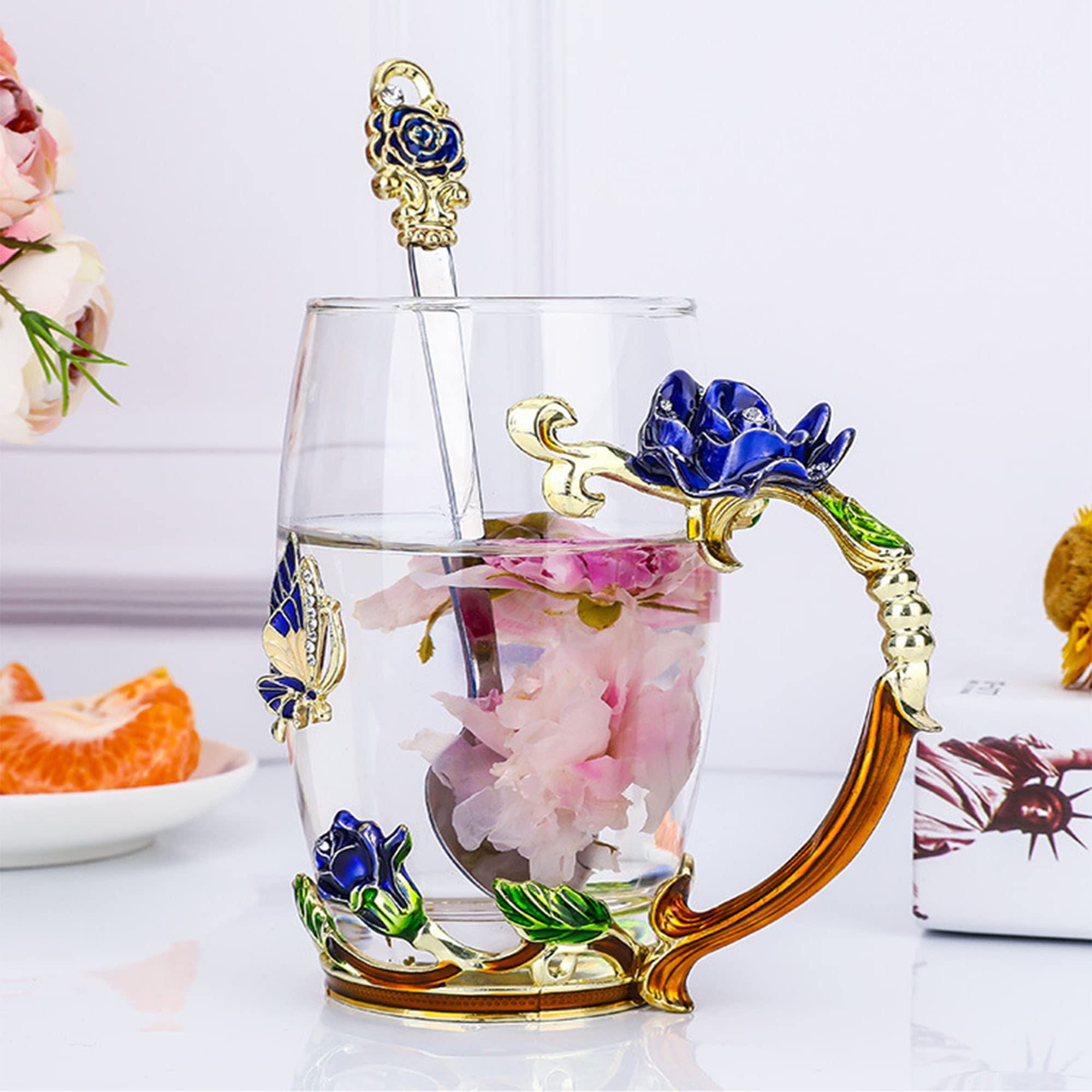 Tasse à Thé En Verre Fleur émaillée Bleue Avec Cuillère - Sans Plomb, Fait Main