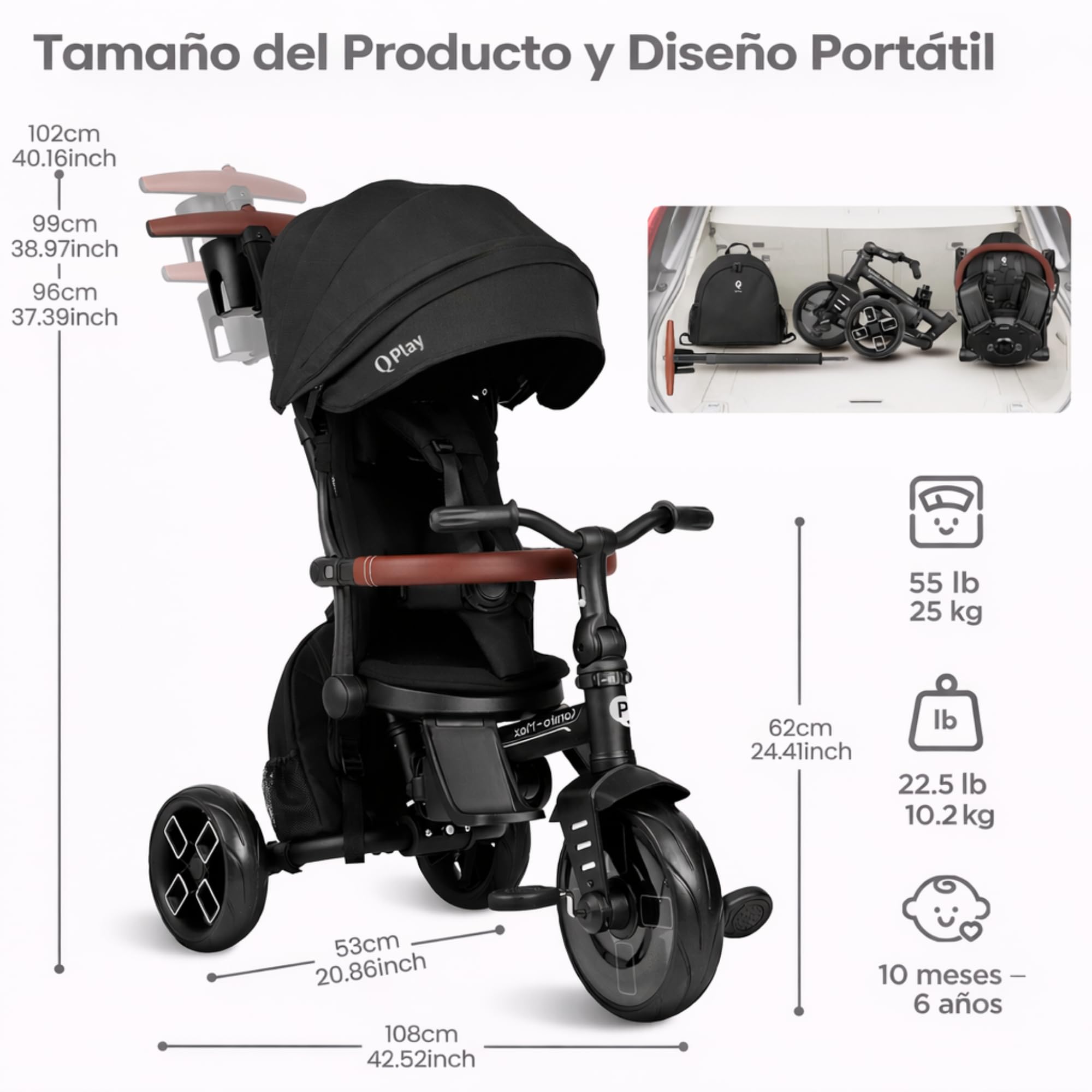 Qplay Triciclo Evolutivo COMFO MAX 6 en 1 Negro | Triciclo Bebe 1 Año Plegable de Aluminio con Asiento 360º, Reclinable y Capota – para Bebés de 10 a 72 Meses (Negro)
