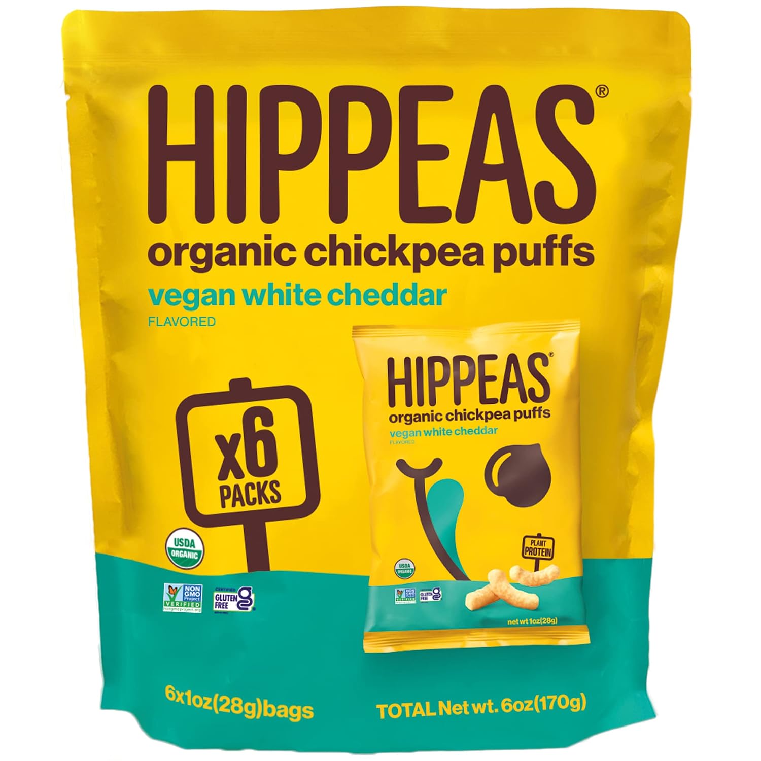 Hippeas Organic Chickpea Puffs Vegan White Cheddar: Gluten-Free, Organic Snack (1 oz, 6-count)