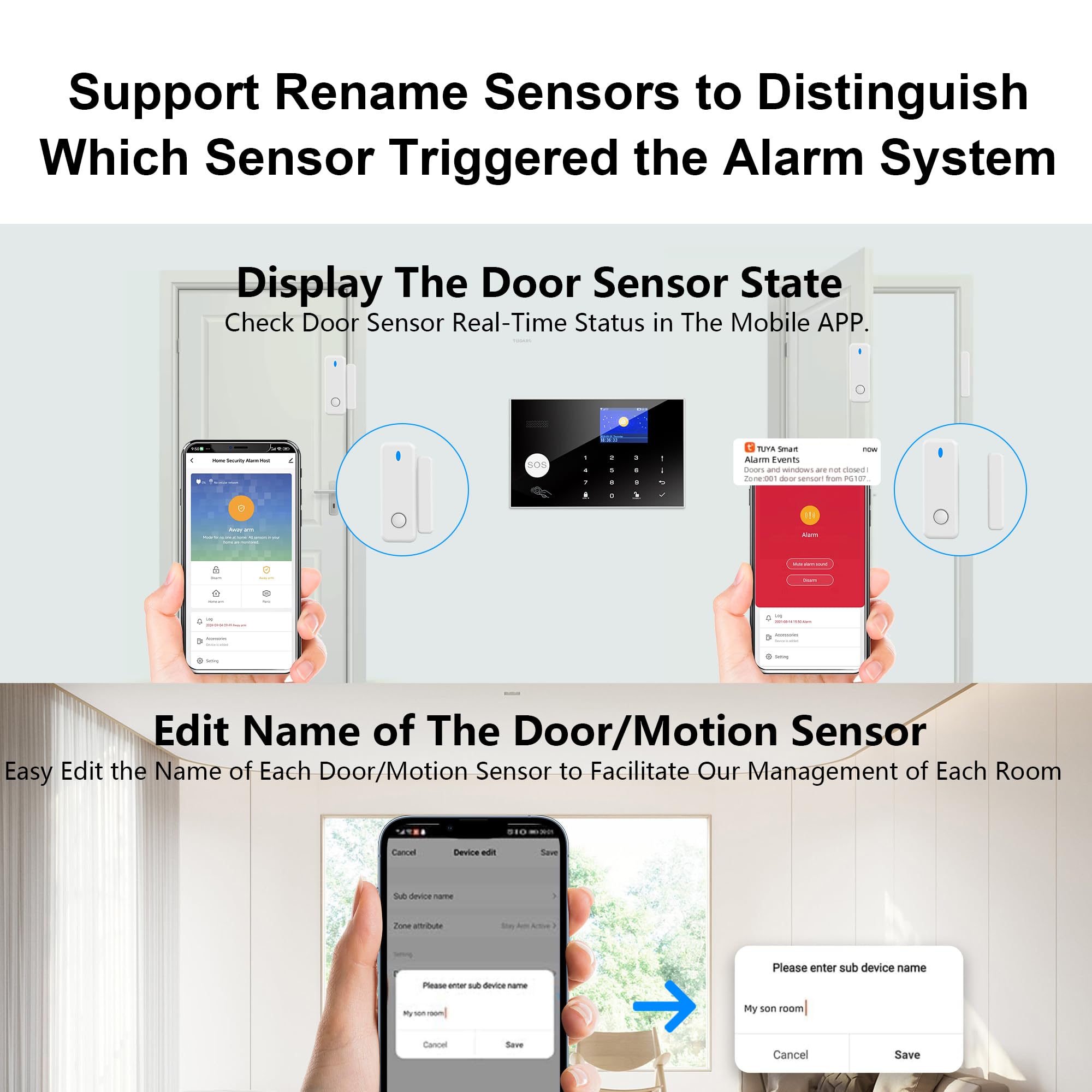 Système d'Alarme sans Fil pour la Maison, 13 pcs GSM SMS 2G WiFi Full Burglar Alarm System, Siren Alarm with PIR, Door Window Sensor, Camera, Remote Control for Apartment, Garage, Office