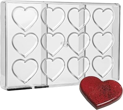 CM 3839 Luis Amado Clear Polycarbonate Chocolate Mold Candy Mould with 12 Low-Heart Cavities, Each 53mm x 44.9mm x 5.4mm High