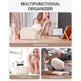 BAGSMART Travel Makeup Bag, Cosmetic Bag Small Make Up Organizer Case,Wide-open Pouch for Women Purse for Toiletries Accessories Brushes,Small Beige