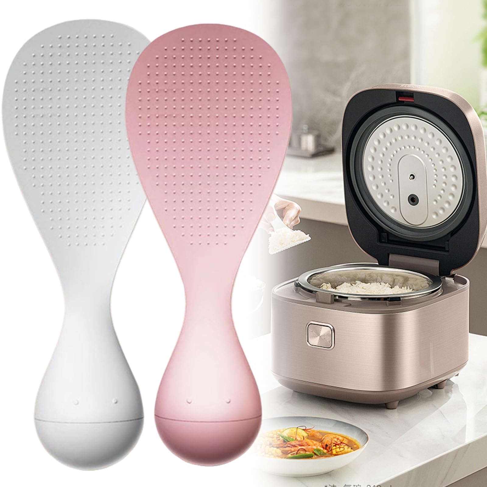 2pc,Ladle,rice spoon,Anti-Stick Spoon Creative,Tumbler Standing Rice Spoon,Non-Stick Rice Paddle for Kitchen Server & Cookware,Self Standing Rice Paddle (White + Pink)