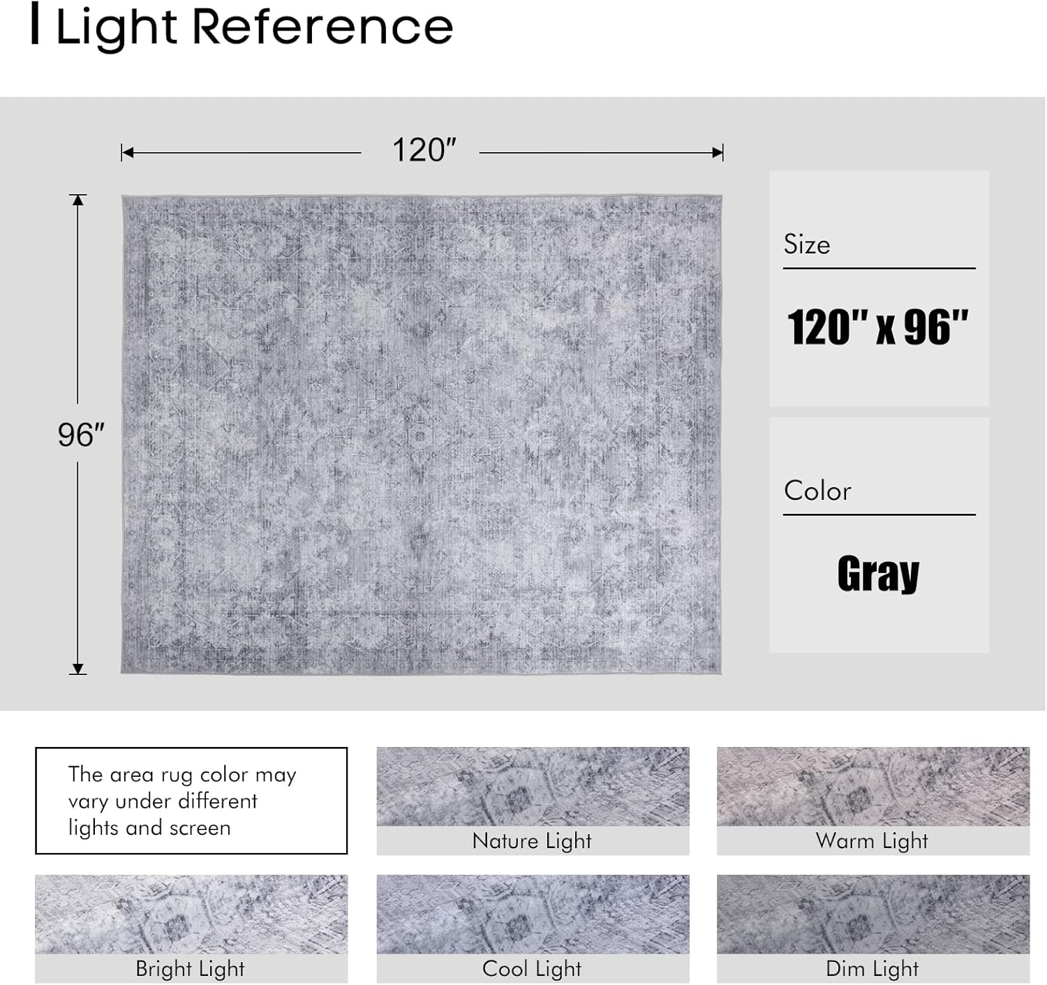 8x10 Area Rugs for Living Room, Machine Washable Rugs, Vintage Non Slip Rug, Faded Style Carpet Stain Resistant, Low Pile Boho Retro Large Rugs for Bedroom Dining Room Indoor Home Office-Gray 8'x10' - Image 2