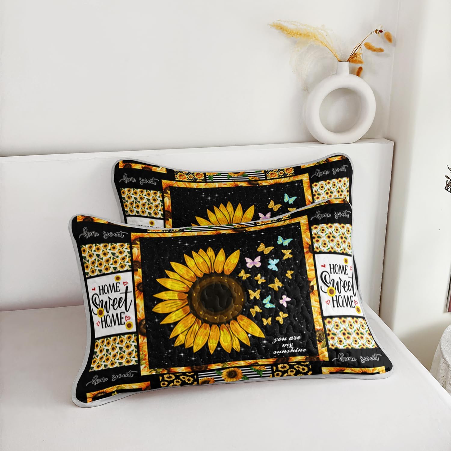3 Pcs Queen Sunflower Quilt Set - Black Floral Patchwork Bedspread, Farmhouse Reversible Microfiber Bed Cover & Pillow Shams, Soft & Cozy All Season Quilted Bedding
