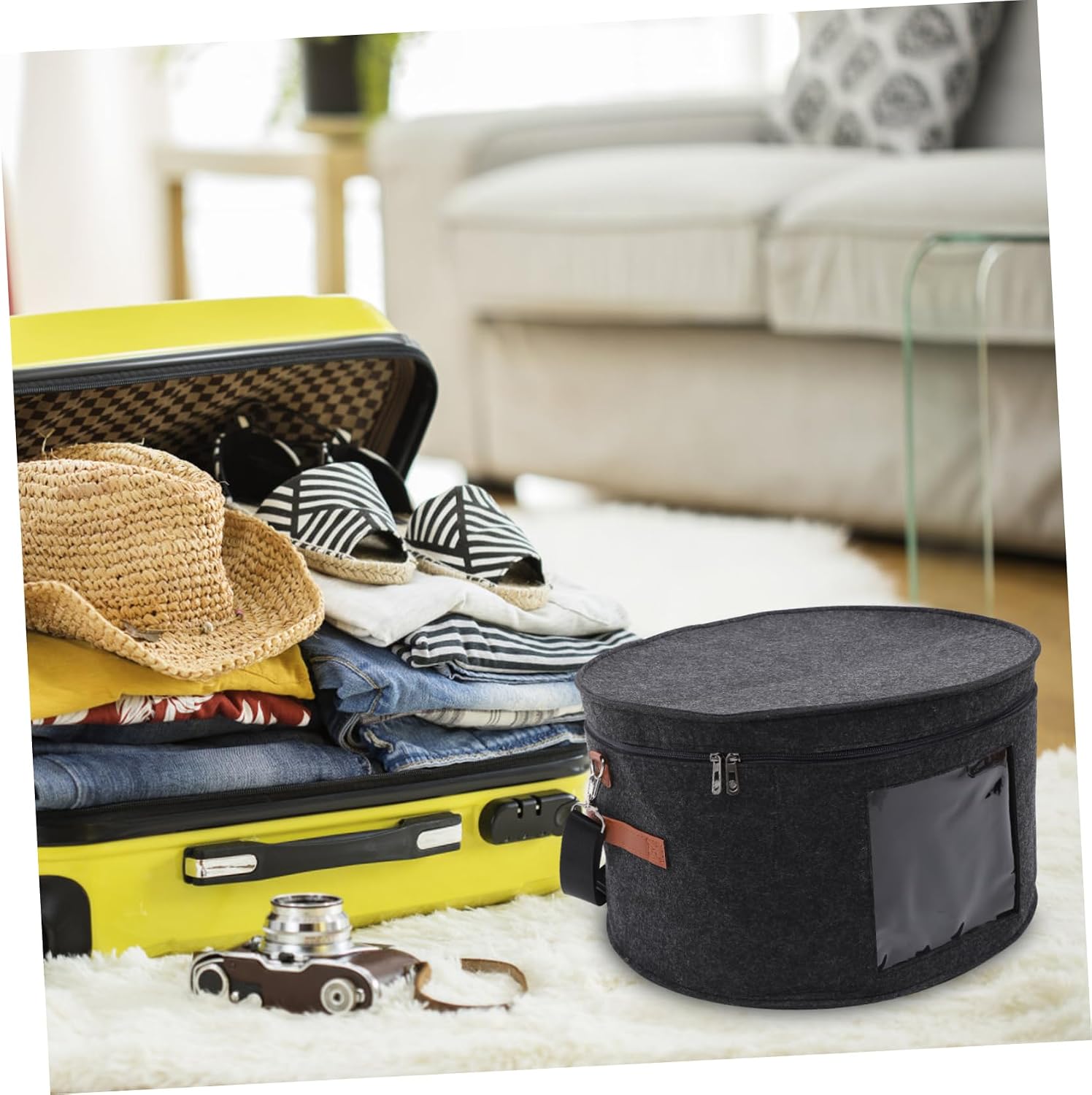 Round Hat Carrier Case Storage Box for Baseball Caps and Hats Felt Material Transparent Window for Travel and Home Organization Deep